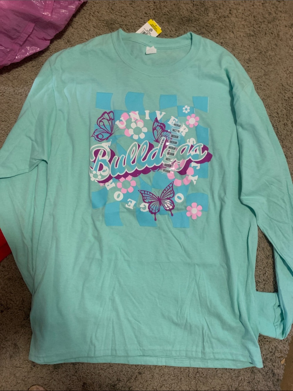Hanes Mint Long-Sleeve Tee with Pink & Purple Butterfly Graphic